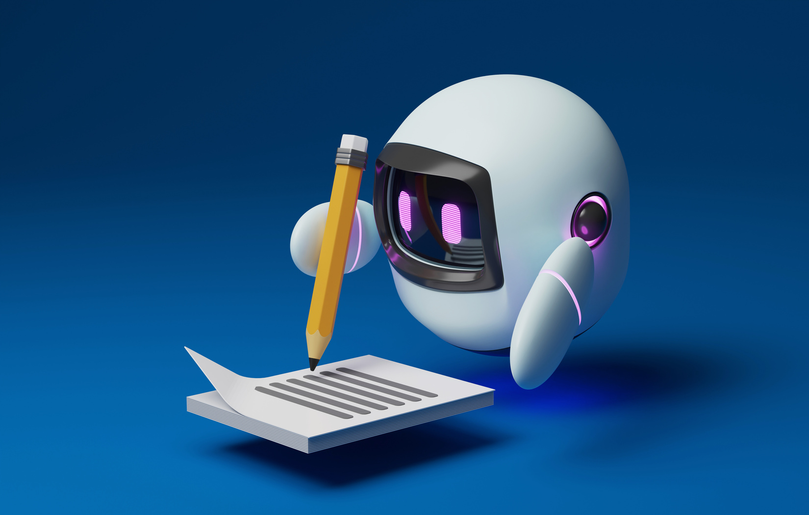 Cute robot holding a pencil to write a message on paper with blu